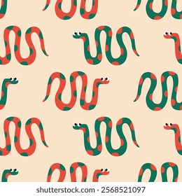 Colorful snakes hand drawn vector illustration. Amazonian jungle serpents seamless pattern for kids fabric or wallpaper.