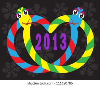 colorful snakes and numbers 2013 on a black background with snowflakes