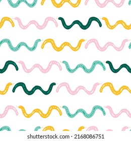 Colorful Snakes Pattern For Kids And Cute Design Projects. Stripes In Green, Yellow And Pink Seamless Surface Design. Great For Kids And Summer Home Decor. Surface Pattern Design.