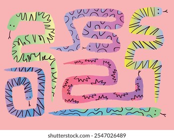 Colorful snakes with various patterns. The snakes symbolize the Chinese zodiac for 2025, depicted in vibrant colors. The background is pink with a playful, fun design.