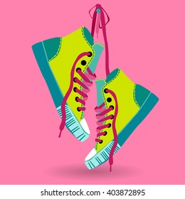 Colorful Sneaker Pair Hang On Lace Training Shoe Foot Wear Icon Vector Illustration