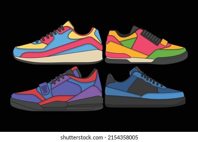 Conjunto de Sneakers Cool. Vector de dibujo de zapatillas, Sneakers dibujado en un estilo de esbozo, plantilla de entrenadores de verano, Colección de conjuntos. Ilustración vectorial.
