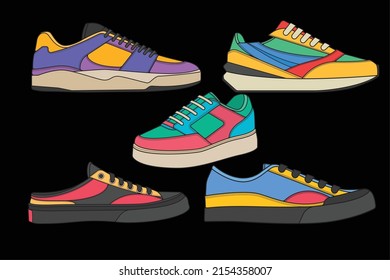 Conjunto de Sneakers Cool. Vector de dibujo de zapatillas, Sneakers dibujado en un estilo de esbozo, plantilla de entrenadores de verano, Colección de conjuntos. Ilustración vectorial.
