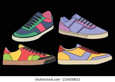 Colorful sneaker shoes bundle vector illustration set displayed on dark background, designed for fashion presentations, promotional layouts, and lifestyle product visuals. Casual sneakers suitable for marketing banners, brand showcases, and commercial design use.