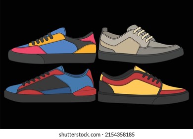 Set von Cool Sneakers. Schuhe Sneaker Zeichnung Vektorgrafik, Turnschuhe in Skizze gezeichnet, Sneaker Trainer Vorlage, Set Collection. Vektorgrafik.
