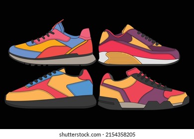 Set von Cool Sneakers. Schuhe Sneaker Zeichnung Vektorgrafik, Turnschuhe in Skizze gezeichnet, Sneaker Trainer Vorlage, Set Collection. Vektorgrafik.
