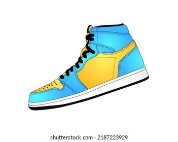 Colorful sneaker silhouette illustration. Yellow and blue high boots icon. Street fashion footwear. Sneakers simple logo. Trainers shoe symbol. Korean fashion shoes isolated on white background