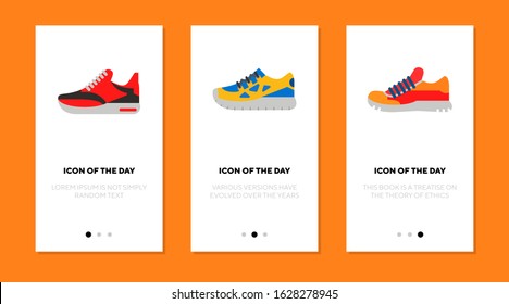 Colorful sneakers flat vector icon set. Active lifestyle, sport, fitness, trainers isolated sign pack. Shoes and footwear concept. Vector illustration symbol elements for web design and apps.