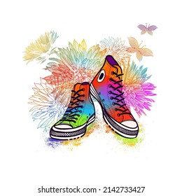 colorful sneakers with flowers and butterflies. T-shirt print. Vector illustration