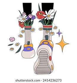 Colorful sneakers with flowers into socks back view. Groovy lovely heart sticker. Love concept. Happy Valentines day. Funky happy heart character in trendy retro 60s 70s cartoon style.