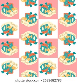 Colorful Sneakers Seamless Pattern Design. Bright cartoon sneakers arranged in seamless repeat. Flat style illustration with playful color palette on pink and white checkered background.