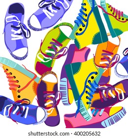 Colorful Sneakers Set Training Sport Shoes Collection Banner Flat Vector Illustration