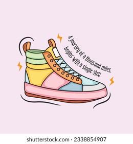 Colorful sneakers shoes illustration vector in cartoon style with quote