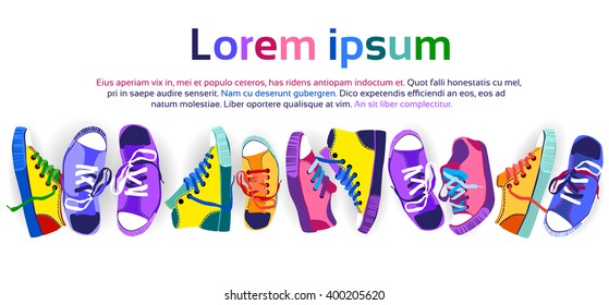 Colorful Sneakers Training Sport Shoes Set Collection Banner With Copy Space Flat Vector Illustration