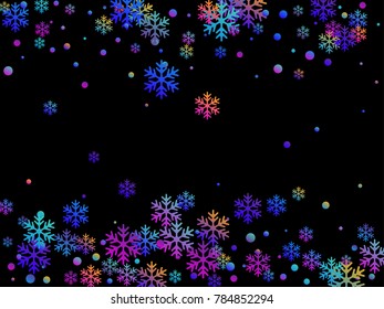 Colorful snow flakes falling on black winter vector background. Snowflake and circle elements vector illustration, confetti chaotic scatter winter background. Bright holiday banner or poster backdrop.