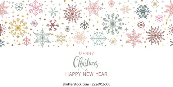 Colorful snowflake seamless border, retro vintage ornate style repeat backdrop with snowflake and star confetti on soft biege background , Christmas banner template vector