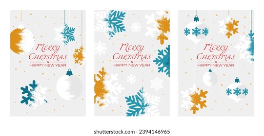 Colorful snowflake, toys and pine on a grey background. Merry Christmas and Happy New Year greeting cards. Set of 3 vector illustration.