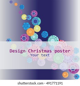 Colorful snowflakes. Design new year poster, banner, template for ads, greetings, cards.