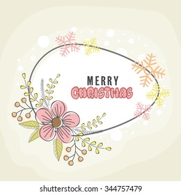 Colorful Snowflakes and flowers decorated greeting card for Merry Christmas celebration.