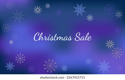 Colorful snowflakes on blue winter blurred background with copy space. Vector template frame with caption Winter discounts. Flying beautiful snow elements.   