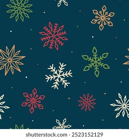 Colorful snowflakes on navy blue seamless pattern for wrap or fabric. Vector background. Flat, Isolated vector illustration eps 10