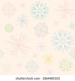 Colorful snowflakes on seashell background seamless repeat pattern
