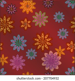 colorful snowflakes and red background with flowers. Seamless pattern 