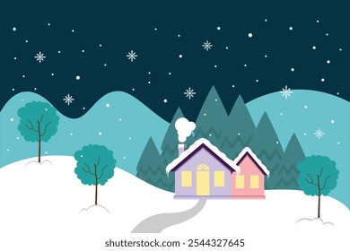 Colorful Snowy House Or Residence Surrounded By Mountain And Trees In Winter Christmas Season