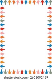 Colorful snowy pine tree forest frame. Festive greeting template with Christmas tree elements. Bright border