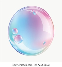 Colorful soap bubble with a gradient of pink, blue, and purple hues. The bubble reflects light, creating a delicate and iridescent appearance. Aesthetic vector illustration isolated on white.