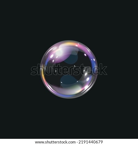 Colorful soap bubble on black background. 3d soap transparent balloon. Foam, powder, soap, detergent. Vector illustration