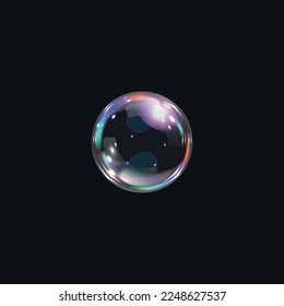 Colorful soap bubble on dark background. 3d soap transparent balloon. Foam, powder, soap, detergent. Vector illustration.