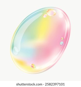 Colorful soap bubble with a rainbow gradient. Bubble features pastel hues. Reflective and translucent bubble design. Bubble with soft rainbow colors. 3D vector.