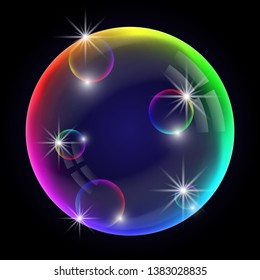 Colorful soap bubble. Vector illustration with transparent black background.