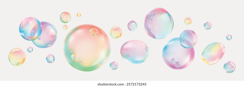 Colorful soap bubbles float on a white background. Bubbles of various sizes create a playful, dreamy effect. Rainbow hues make the bubbles vibrant and lively. Soap bubble element vector set.