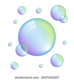 Colorful soap bubbles float on a white background. Bubbles of various sizes create a playful, dreamy effect. Rainbow hues make the bubbles vibrant and lively. Soap bubble element vector set