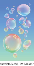 Colorful soap bubbles floating against a gradient background. Bubbles reflect light, creating a rainbow effect. Soap bubbles in various sizes and colors. Soap bubble element vector set.