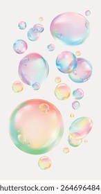 Colorful soap bubbles floating. Iridescent bubbles, rainbow hues. Transparent bubbles, delicate and light. Soap bubbles in various sizes, floating gently. Soap bubble element vector set.