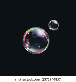 Colorful soap bubbles on black background. Two 3d soap transparent balloon. Foam, powder, soap, detergent. Vector illustration