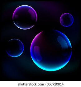 Colorful soap bubbles on black background. Vector illustration.