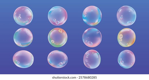 Colorful soap bubbles on a gradient background. Bubbles with rainbow hues, shiny bubbles. Bright, iridescent bubbles on blue-purple backdrop.