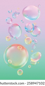 Colorful soap bubbles on a gradient background. Bubbles vary in size, creating a playful, dreamy effect. Transparent bubbles float gently, adding whimsy. Soap bubble element vector set.