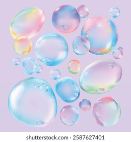 Colorful soap bubbles on a light background. Bubbles in various sizes, creating a playful, vibrant, and whimsical scene. Soap bubbles reflecting light. Soap bubble element vector set.