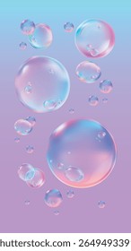 Colorful soap bubbles on a pastel background. Bubbles float in a dreamy, pastel sky. Soap bubbles create a whimsical, colorful scene. Pastel bubbles in focus. Soap bubble element vector set.