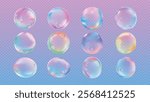 Colorful soap bubbles on a transparent background. Soap bubbles with rainbow hues. Floating bubbles, perfect for a playful, dreamy, or whimsical design. Soap bubble element vector set.