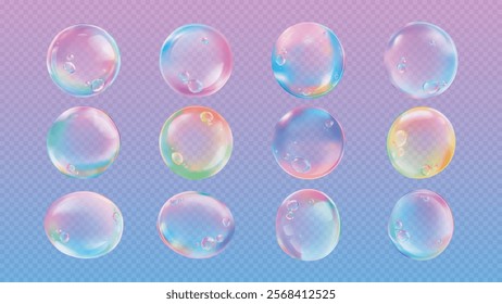 Colorful soap bubbles on a transparent background. Soap bubbles with rainbow hues. Floating bubbles, perfect for a playful, dreamy, or whimsical design. Soap bubble element vector set.