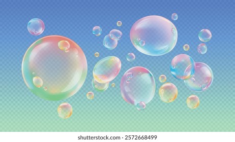 Colorful soap bubbles on a transparent background. Bubbles with rainbow hues float gracefully. Soap bubbles create a playful, colorful atmosphere. Soap bubble element vector set.