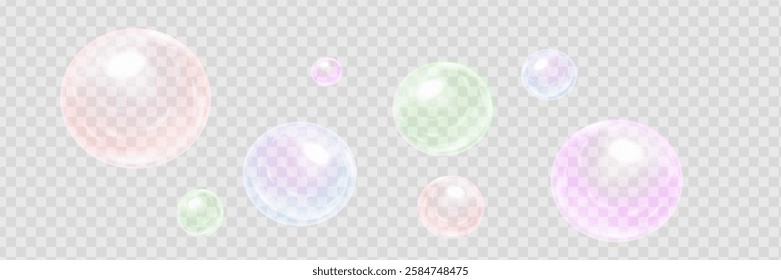Colorful soap bubbles on a transparent background. Bright, dreamy bubbles with a rainbow gradient effect. Realistic soap bubble element vector set. Vector