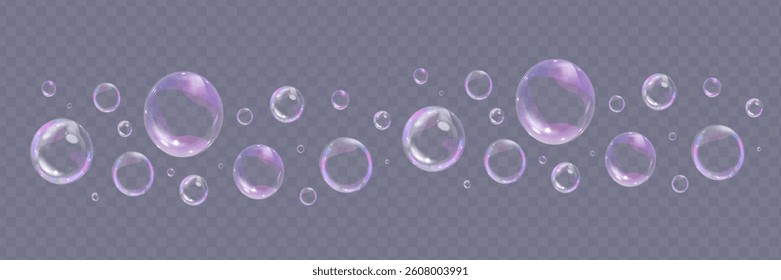 Colorful soap bubbles on a transparent background. Bright, dreamy bubbles with a rainbow gradient effect. Realistic soap bubble element vector set. Vector