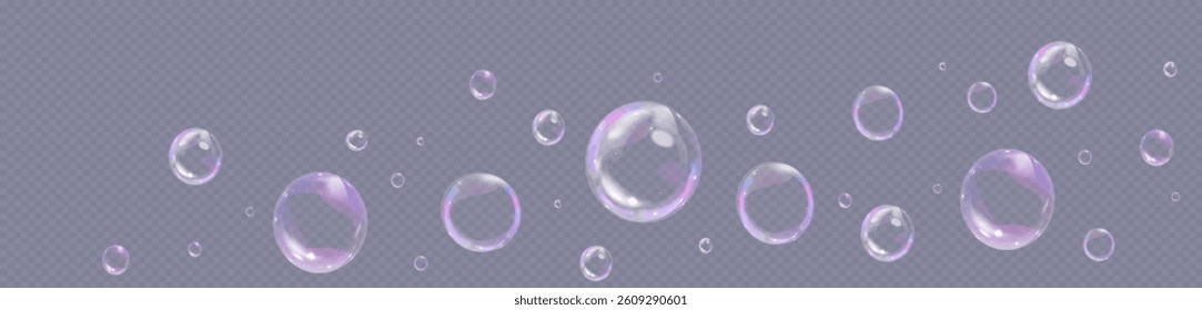 Colorful soap bubbles on a transparent background. Bright, dreamy bubbles with a rainbow gradient effect. Realistic soap bubble element vector set. Vector